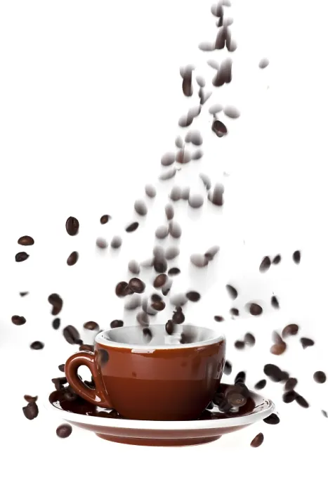 Gerahmter Druck : Kaffeebohnen-Splash isoliert auf weiß. Gerahmter Druck : Kaffeebohnen-Splash isoliert auf weiß.