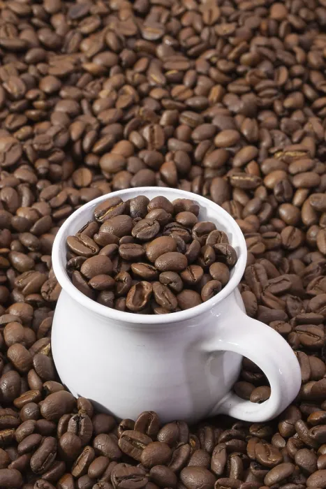 Gerahmter Druck : Kaffeebohnen und Tasse Kaffee. Gerahmter Druck : Kaffeebohnen und Tasse Kaffee.