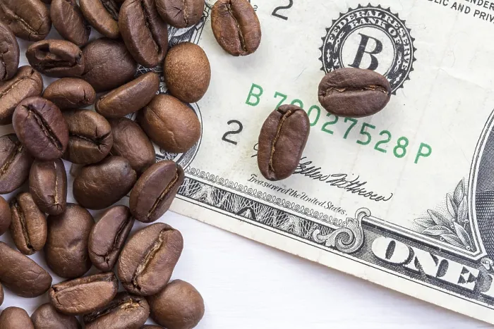 Gerahmter Druck : Kaffeebohnen auf einem Dollar verteilt. Gerahmter Druck : Kaffeebohnen auf einem Dollar verteilt.