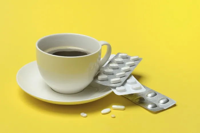 Gerahmter Druck : Kaffee in einem Becher und Medikamente. Gerahmter Druck : Kaffee in einem Becher und Medikamente.