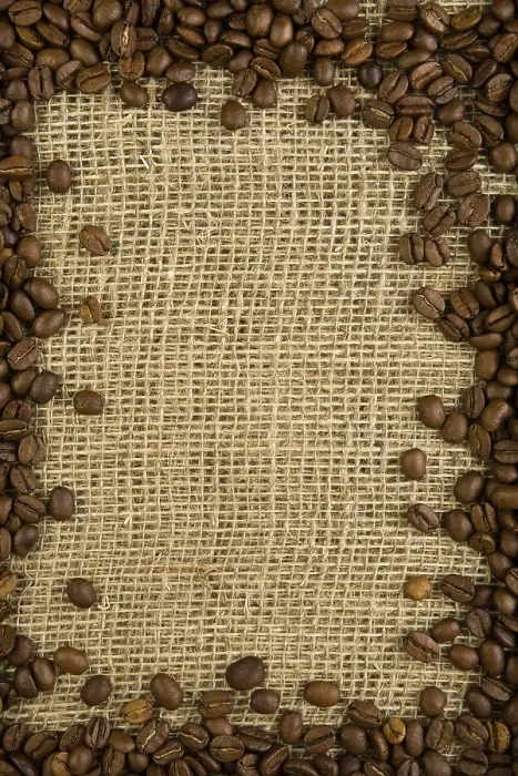 Gerahmter Druck : Kaffeebohnen auf einem Sack. Gerahmter Druck : Kaffeebohnen auf einem Sack.