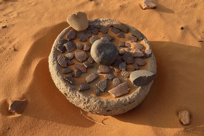 Gerahmter Druck : Sammlung neolithischer Artefakte in Tadrart, Tassili n'Ajjer Nationalpark, Sahara, Algerien
