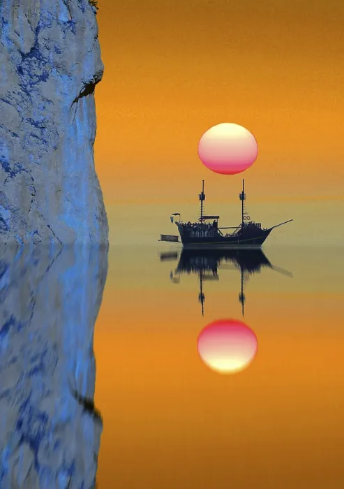Gerahmter Druck : Komponieren: Schiff mit Sonne. Gerahmter Druck : Komponieren: Schiff mit Sonne.