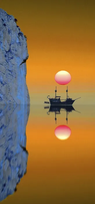 Gerahmter Druck : Komponieren: Schiff mit Sonne. Gerahmter Druck : Komponieren: Schiff mit Sonne.