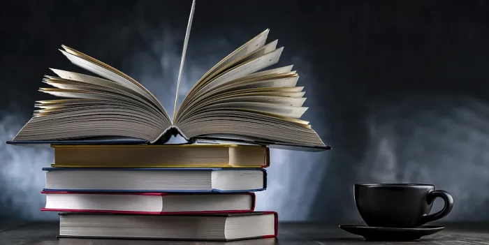 Gerahmter Druck : Eine Komposition mit Büchern und einem Tassen Kaffee. Gerahmter Druck : Eine Komposition mit Büchern und einem Tassen Kaffee.