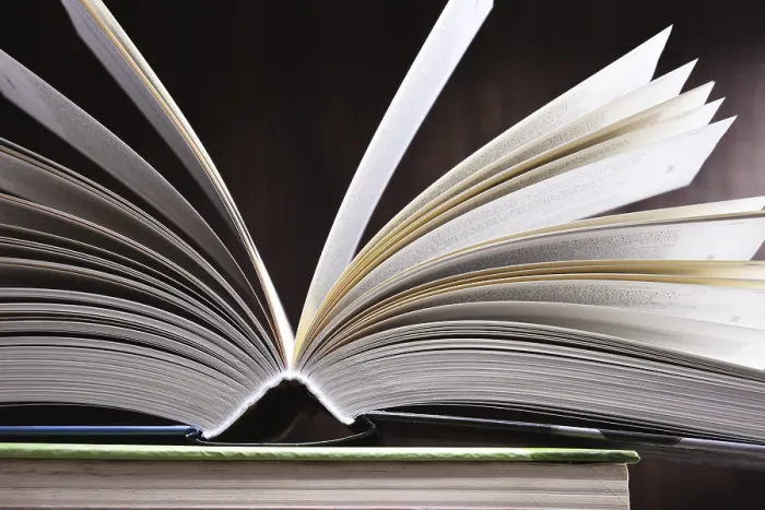 Gerahmter Druck : Komposition mit offenem Buch auf dem Tisch.
