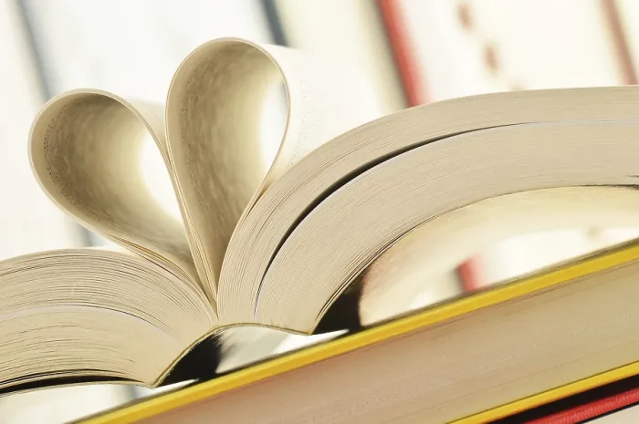 Gerahmter Druck : Komposition mit Bücherstapel und Seiten in Form eines Herzens. Gerahmter Druck : Komposition mit Bücherstapel und Seiten in Form eines Herzens.