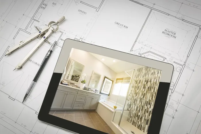 Gerahmter Druck : Computer-Tablet mit Masterbadezimmerdesign über Hauspläne.