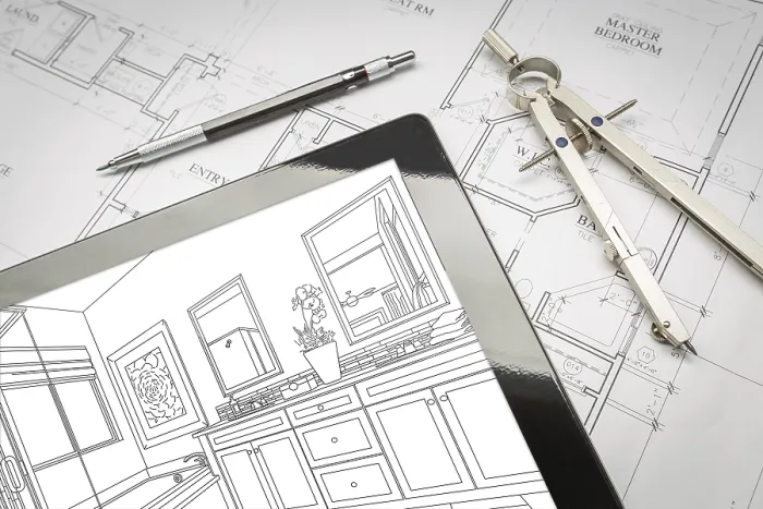 Gerahmter Druck : Computer-Tablet mit Masterbad-Baukunst über Hausplänen. Gerahmter Druck : Computer-Tablet mit Masterbad-Baukunst über Hausplänen.