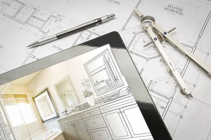 Gerahmter Druck : Computer-Tablet mit Masterbadezimmerdesign über Hauspläne. Gerahmter Druck : Computer-Tablet mit Masterbadezimmerdesign über Hauspläne.