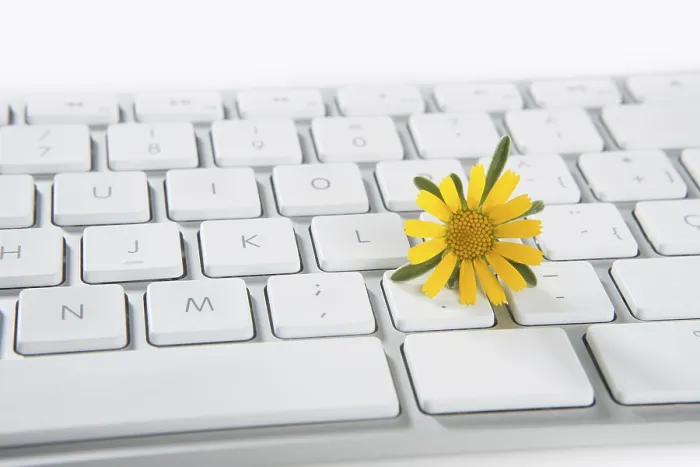 Gerahmter Druck : Konzept von Blumen, die aus einem Computer wachsen. Gerahmter Druck : Konzept von Blumen, die aus einem Computer wachsen.