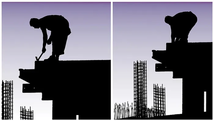 Gerahmter Druck : Bauarbeiter setzen Formwerk und Armierung. Gerahmter Druck : Bauarbeiter setzen Formwerk und Armierung.