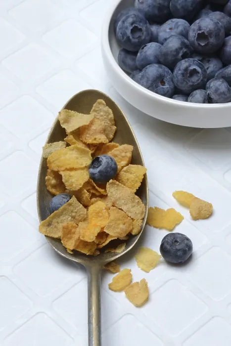 Gerahmter Druck : Cornflakes und Blaubeeren in der Gabel, Frühstück. Gerahmter Druck : Cornflakes und Blaubeeren in der Gabel, Frühstück.