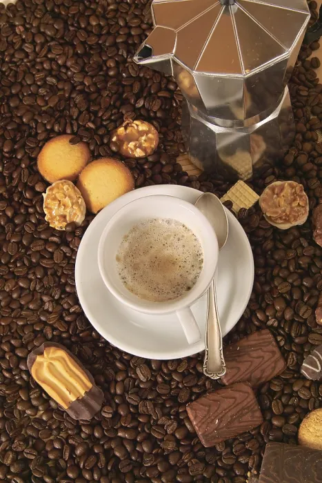 Gerahmter Druck : Tasse Kaffee mit Biscuits und Espresso-Kocher Gerahmter Druck : Tasse Kaffee mit Biscuits und Espresso-Kocher