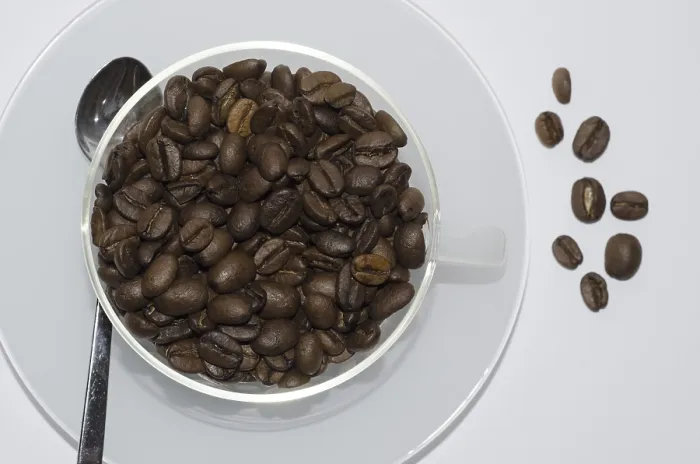 Gerahmter Druck : Kaffeebecher mit Kaffeebohnen Gerahmter Druck : Kaffeebecher mit Kaffeebohnen