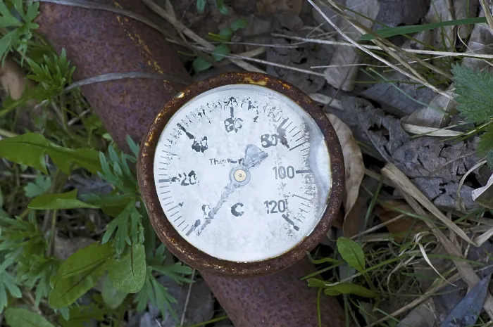 Gerahmter Druck : Schadhaft, rostiger Thermometer.