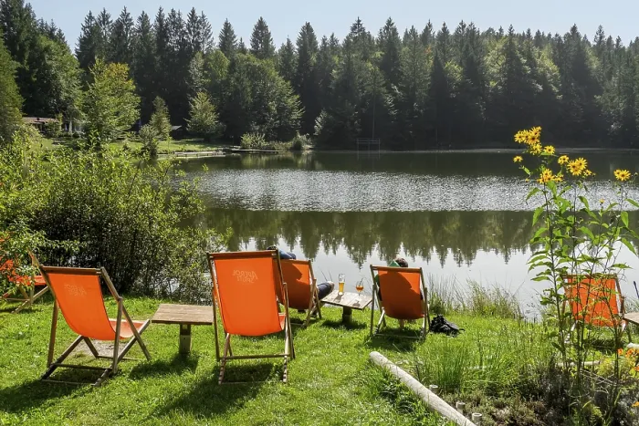 Gerahmter Druck : Liegestühle in einem Wiesengrund am Pflegersee. Gerahmter Druck : Liegestühle in einem Wiesengrund am Pflegersee.