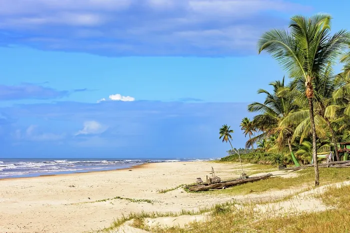 Gerahmter Druck : Ein verlassener Strand in Serra Grande, Bahia mit Kokospalmen und einem einfachen Boot aus dem Nordosten Brasiliens. Gerahmter Druck : Ein verlassener Strand in Serra Grande, Bahia mit Kokospalmen und einem einfachen Boot aus dem Nordosten Brasiliens.