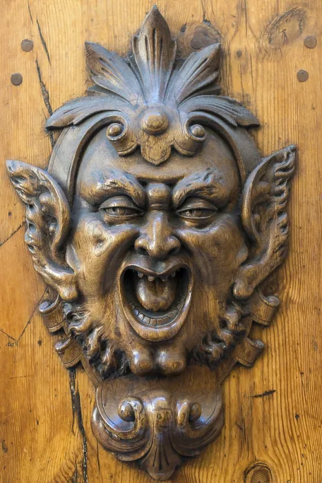 Gerahmter Druck : Teufelsgesicht, Teufel, Skulptur Gerahmter Druck : Teufelsgesicht, Teufel, Skulptur