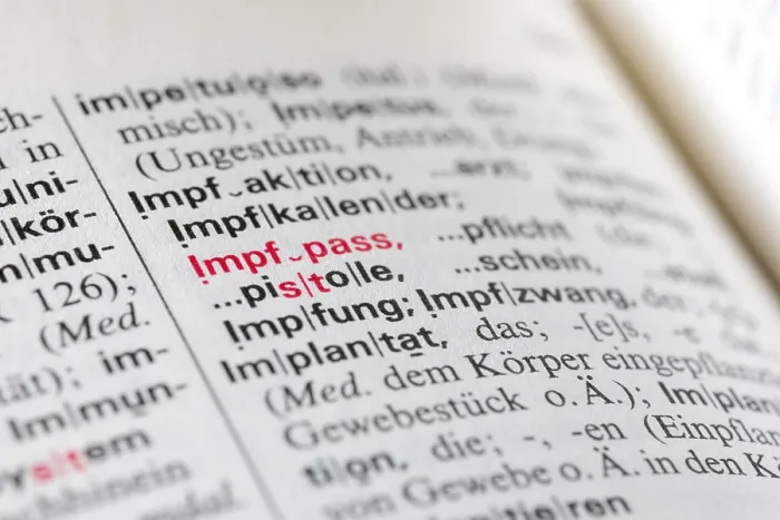 Gerahmter Druck : Wörterbuch-Eintrag, Impfzertifikat. Gerahmter Druck : Wörterbuch-Eintrag, Impfzertifikat.