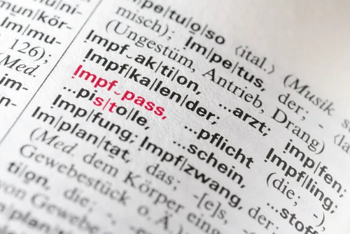 Gerahmter Druck : Wörterbuch-Eintrag, Impfzertifikat. Gerahmter Druck : Wörterbuch-Eintrag, Impfzertifikat.