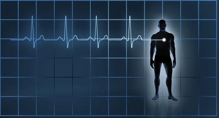 Gerahmter Druck : Digitale Komposition, EKG vor Körpersilhouette Gerahmter Druck : Digitale Komposition, EKG vor Körpersilhouette