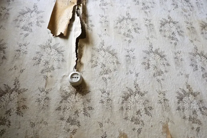 Gerahmter Druck : Verfallener Wandbehang mit Blumenmuster und alter Steckdose. Gerahmter Druck : Verfallener Wandbehang mit Blumenmuster und alter Steckdose.