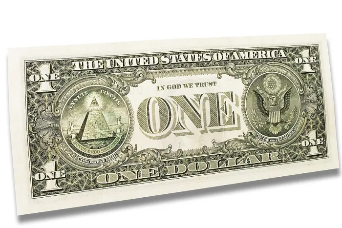 Gerahmter Druck : Ein Dollar-Schein, Rückseite. Gerahmter Druck : Ein Dollar-Schein, Rückseite.