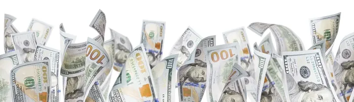 Gerahmter Druck : Viele hundert Dollar-Scheine fallen an der Basis einer weißen Seite.