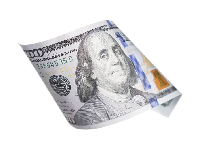 Gerahmter Druck : Ein hundert Dollar-Schein fällt oder schwebt auf leerem Hintergrund Gerahmter Druck : Ein hundert Dollar-Schein fällt oder schwebt auf leerem Hintergrund