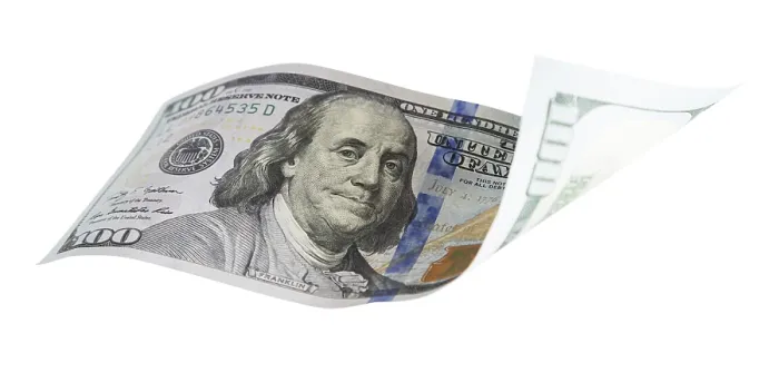 Gerahmter Druck : Ein hundert Dollar-Schein in der Luft schwebt. Gerahmter Druck : Ein hundert Dollar-Schein in der Luft schwebt.