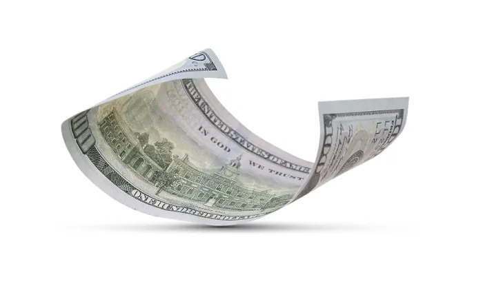 Gerahmter Druck : Ein 100-Dollar-Schein, der auf die Oberfläche fällt, mit Schattenabdruck isoliert auf weißem Hintergrund. Gerahmter Druck : Ein 100-Dollar-Schein, der auf die Oberfläche fällt, mit Schattenabdruck isoliert auf weißem Hintergrund.