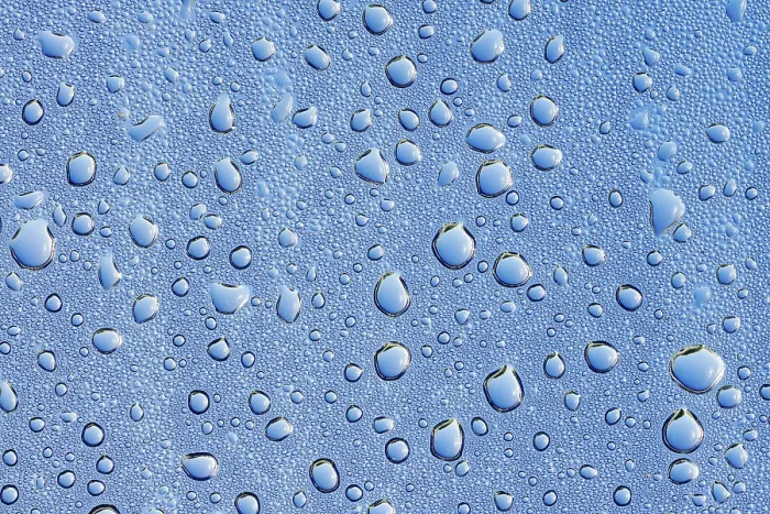Gerahmter Druck : Tropfen Wasser auf einer blauen Oberfläche. Gerahmter Druck : Tropfen Wasser auf einer blauen Oberfläche.