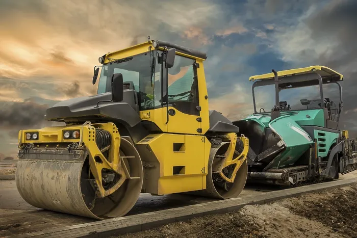 Gerahmter Druck : Walzenroller und Asphaltstreuer Gerahmter Druck : Walzenroller und Asphaltstreuer
