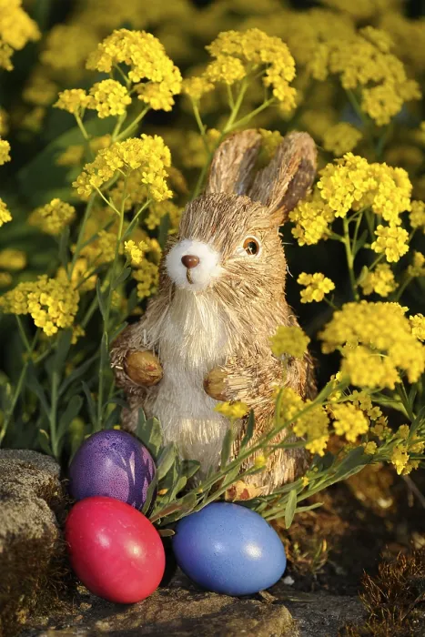 Gerahmter Druck : Osterhasefigur mit farbenfrohen Ostereiern. Gerahmter Druck : Osterhasefigur mit farbenfrohen Ostereiern.