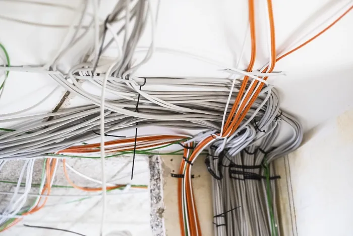 Gerahmter Druck : Elektrische Kabel an der Decke eines Apartments. Gerahmter Druck : Elektrische Kabel an der Decke eines Apartments.