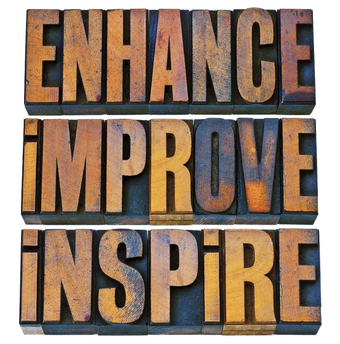 Gerahmter Druck : Stärken, verbessern, inspirieren - eine Collage isolierter motivierender Worte in alten Letterpress-Wood-Type-Druckplatten. Gerahmter Druck : Stärken, verbessern, inspirieren - eine Collage isolierter motivierender Worte in alten Letterpress-Wood-Type-Druckplatten.
