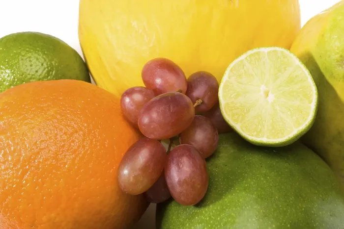 Gerahmter Druck : Exotische Früchte, Melone, Mango, Orange Gerahmter Druck : Exotische Früchte, Melone, Mango, Orange