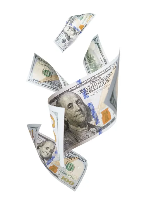 Gerahmter Druck : Hundert-Dollar-Scheine fallen oder treiben. Gerahmter Druck : Hundert-Dollar-Scheine fallen oder treiben.