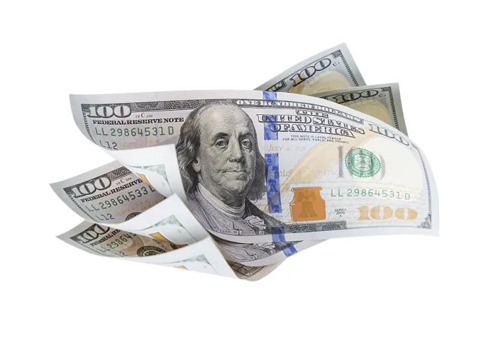 Gerahmter Druck : Hundert-Dollar-Scheine fallen oder treiben. Gerahmter Druck : Hundert-Dollar-Scheine fallen oder treiben.