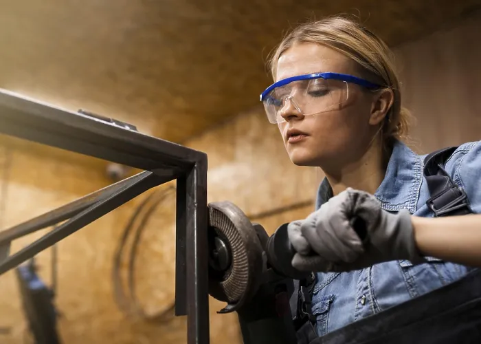 Gerahmter Druck : Frauenwelderin mit Winkelschleifer Gerahmter Druck : Frauenwelderin mit Winkelschleifer