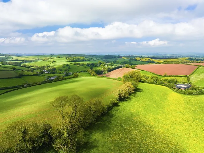 Gerahmter Druck : Felder und Bauern aus einer Drohne, Devon.