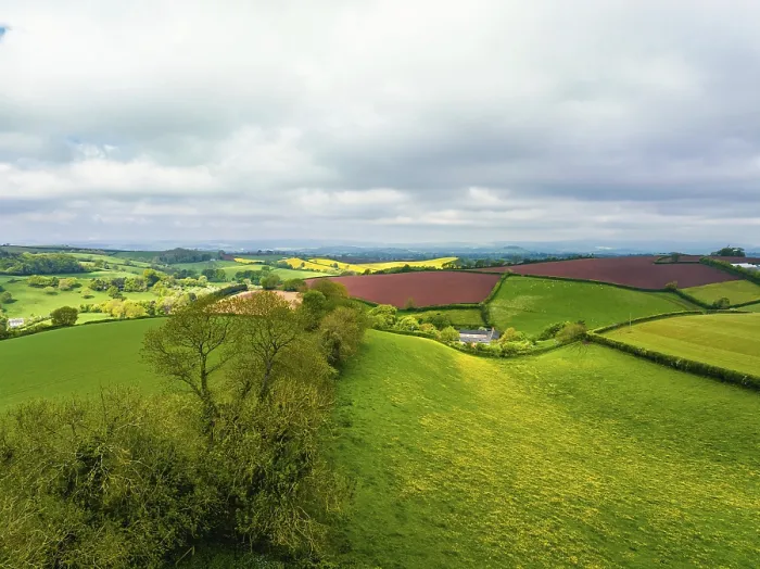 Gerahmter Druck : Felder und Farmen aus einem Drohnen, Devon. Gerahmter Druck : Felder und Farmen aus einem Drohnen, Devon.