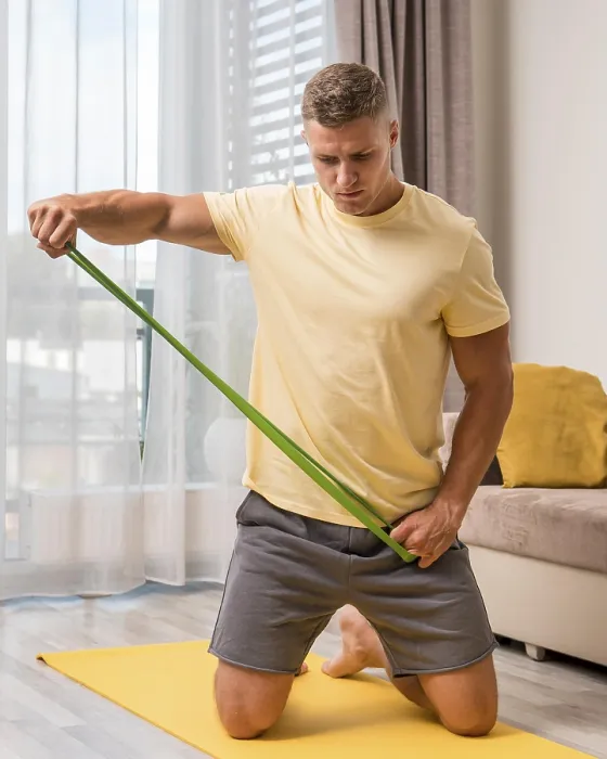 Gerahmter Druck : Sehr fiter Mann trainiert zu Hause mit einem elastischen Band. Gerahmter Druck : Sehr fiter Mann trainiert zu Hause mit einem elastischen Band.