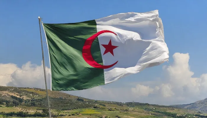 Gerahmter Druck : Die Flagge Algeriens flattert im Wind.