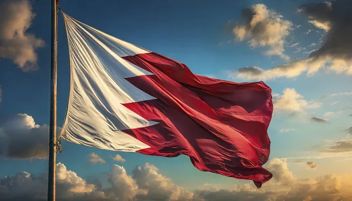 Gerahmter Druck : Die Flagge von Bahrain flattert im Wind. Gerahmter Druck : Die Flagge von Bahrain flattert im Wind.