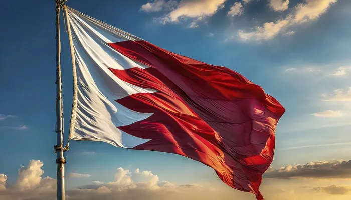 Gerahmter Druck : Die Flagge des Bahrain flattert im Wind. Gerahmter Druck : Die Flagge des Bahrain flattert im Wind.
