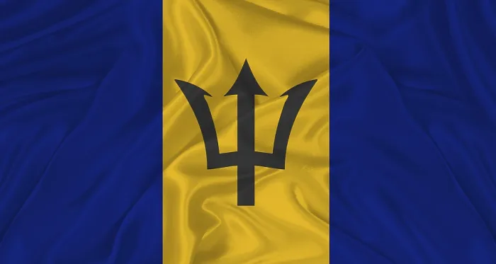 Gerahmter Druck : Flagge von Barbados mit Stofftextur. Gerahmter Druck : Flagge von Barbados mit Stofftextur.