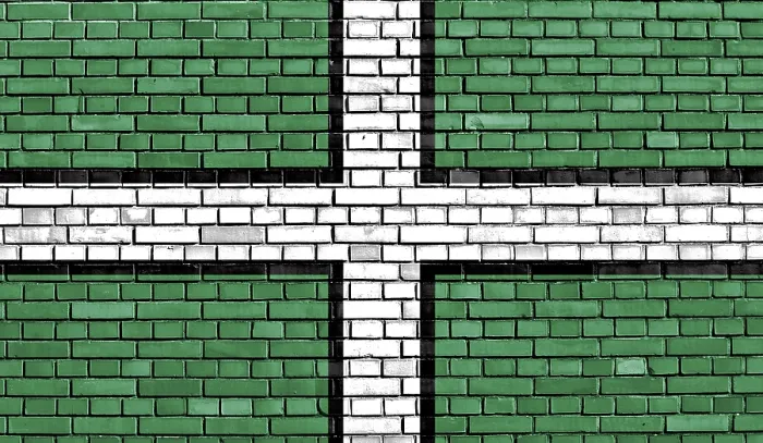 Gerahmter Druck : Flagge von Devon auf Ziegelmauer gemalt. Gerahmter Druck : Flagge von Devon auf Ziegelmauer gemalt.