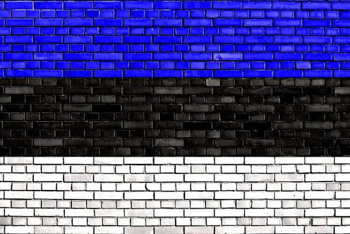 Gerahmter Druck : Flagge Estlands auf Backsteinmauer gemalt.